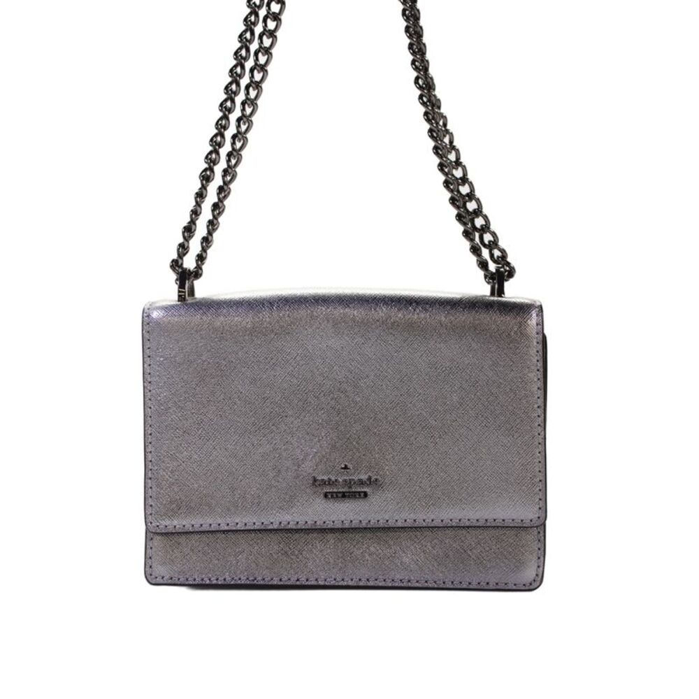 Kate Spade New York Womens Metallic Saffiano Leather Shoulder Handbag Silver